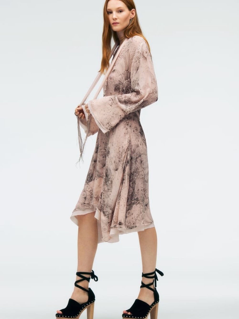 Zara Blush Paisley Midi Dress with Bell Sleeves